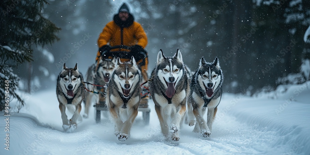 Huskies Pulling a Sled Through Snowy Forest Trail with Musher in Background Huskies Pulling a Sled Through Snowy Forest Trail with Musher in Background