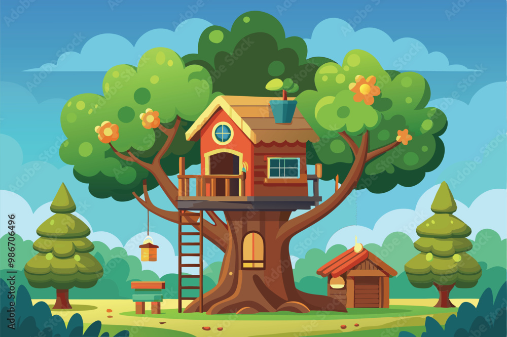 A cheerful tree house is nestled among lush greenery, offering cozy charm with colorful details, Customizable cartoon illustration of a tree house. A cheerful tree house is nestled among lush greenery, offering cozy charm with colorful details, Customizable cartoon illustration of a tree house.
