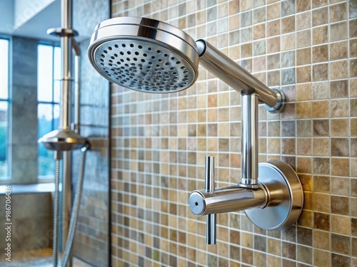 Sleek modern bathroom features a close-up of a rainfall shower head, minimalist handle, precision valve, and gleaming photo