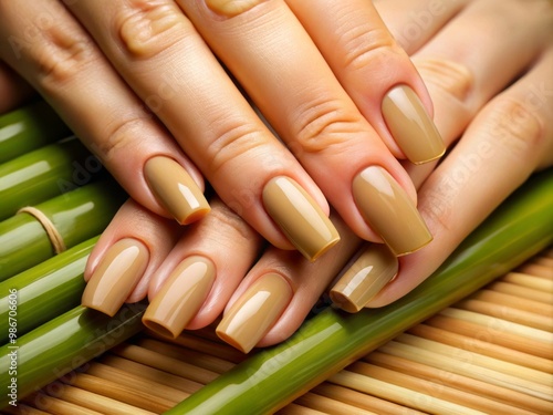 Slender fingers showcase the luxurious sheen of elegant bamboo nail polish on a perfectly manicured hand. photo