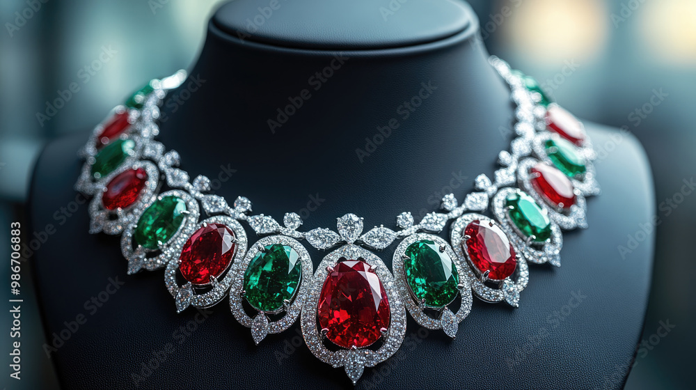 A necklace with green, red and white stones. The necklace is on a black stand. The necklace is very large and has many stones A necklace with green, red and white stones. The necklace is on a black stand. The necklace is very large and has many stones