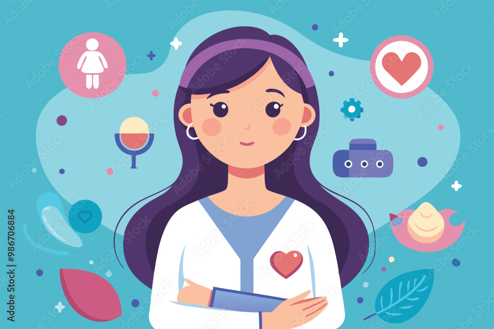 A woman with long hair smiles while surrounded by colorful health-related icons and symbols, Customizable cartoon illustration of a woman with infertility. A woman with long hair smiles while surrounded by colorful health-related icons and symbols, Customizable cartoon illustration of a woman with infertility.