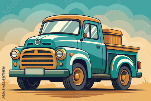 A vibrant vintage truck stands in a peaceful landscape under a cloudy sky, inviting creativity, Customizable cartoon illustration of a vintage truck.