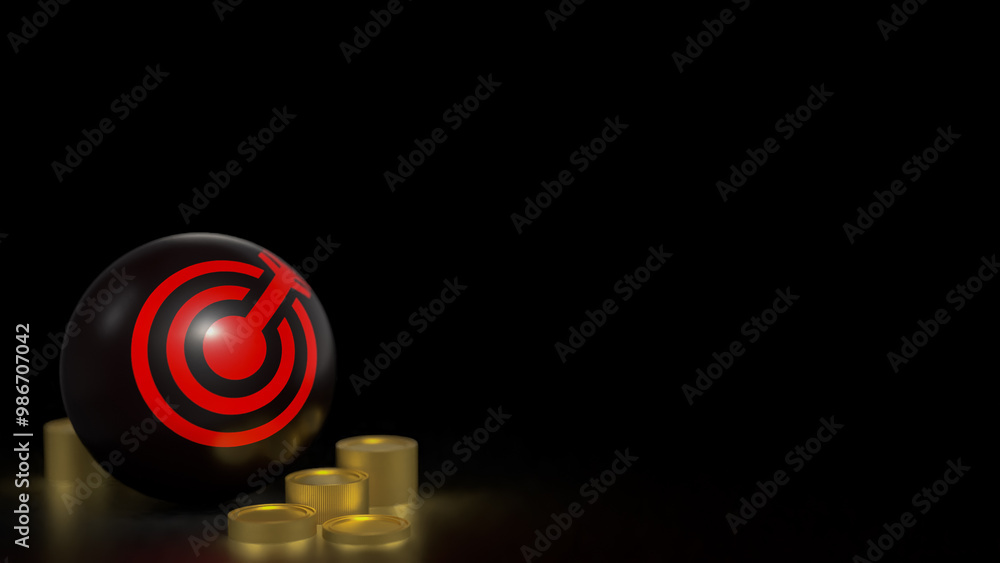 The red target symbol on black ball and coins for Business concept 3d rendering. The red target symbol on black ball and coins for Business concept 3d rendering.