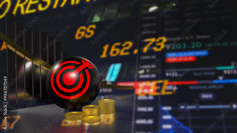 The red target symbol on black ball and coins for Business concept 3d rendering. The red target symbol on black ball and coins for Business concept 3d rendering.