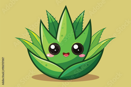 A vibrant aloe vera plant with large green leaves and a happy face on a neutral backdrop, Customizable cartoon illustration of aloe vera