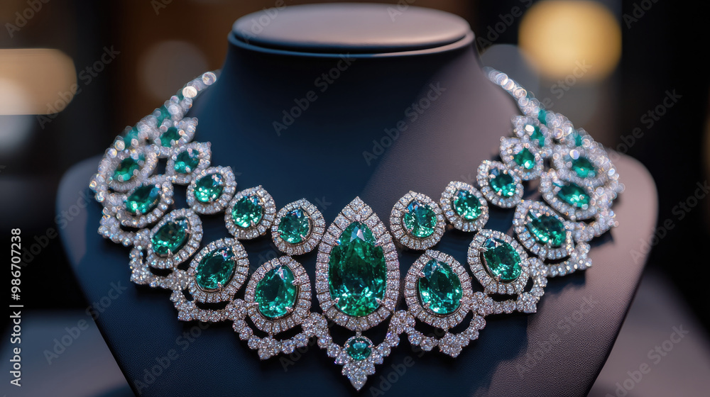 A necklace with green stones and diamonds is on display. The necklace is very large and has many diamonds A necklace with green stones and diamonds is on display. The necklace is very large and has many diamonds