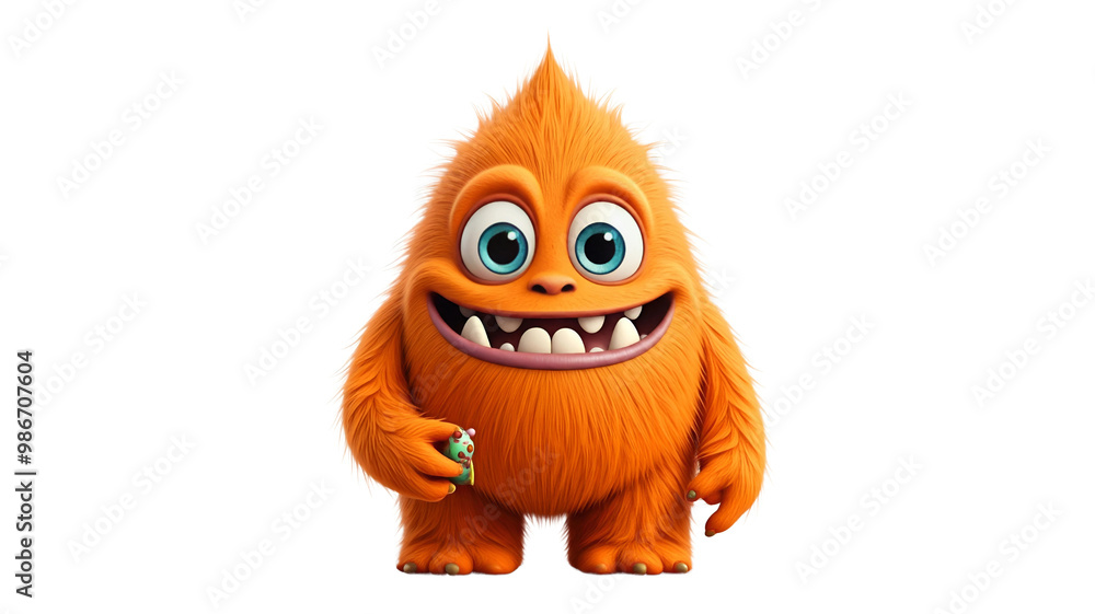 Cute and funny orange monster 3D cartoon character on transparent background Cute and funny orange monster 3D cartoon character on transparent background