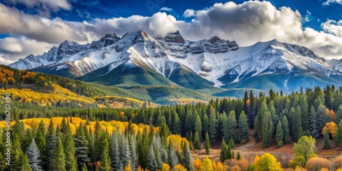 Snow-capped Mount Wilson rises majestically above a swath of lush evergreen forest, its peak glistening in the morning photo