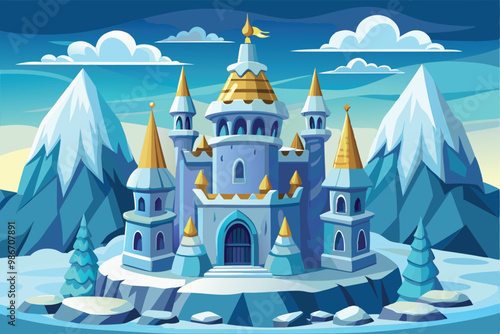 This vibrant ice castle is nestled in a winter landscape with mountains and evergreen trees, Customizable cartoon illustration of an ice castle.