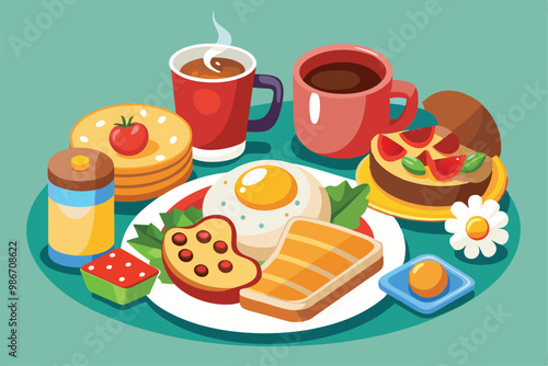 A colorful illustration showcases a variety of breakfast foods, including pancakes, eggs, and coffee, Customizable cartoon illustration of breakfast food.