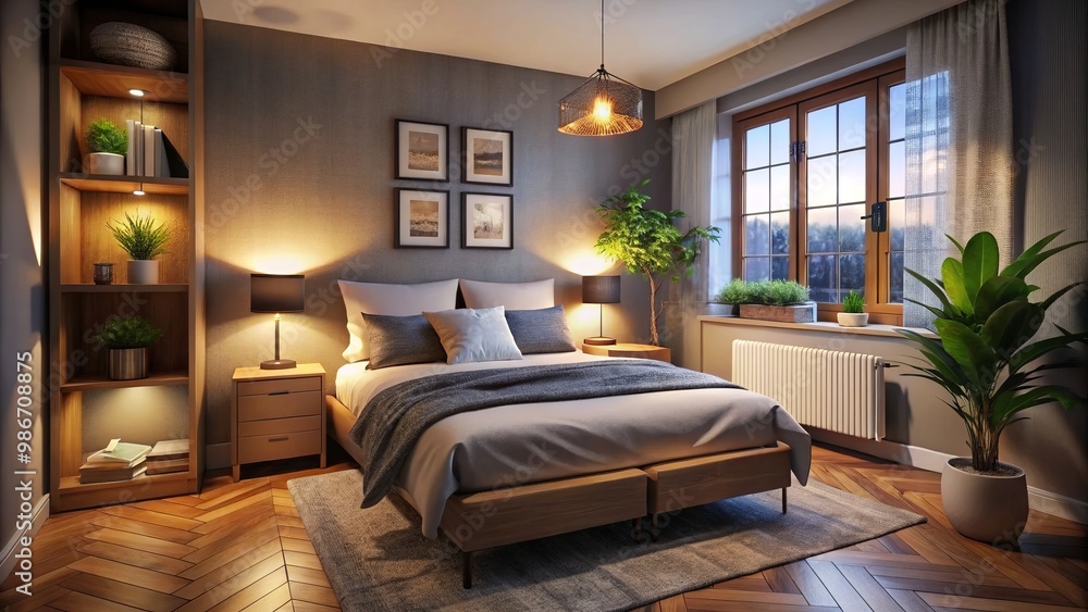 Snug retreat with a plush bed, piled pillows, and a dimly lit nightstand, creating a sanctuary in a Snug retreat with a plush bed, piled pillows, and a dimly lit nightstand, creating a sanctuary in a