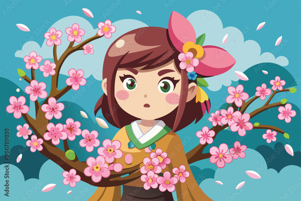 A whimsical girl is illustrated with cherry blossoms framing her, capturing the joy of springtime, Customizable cartoon illustration of cherry blossoms. A whimsical girl is illustrated with cherry blossoms framing her, capturing the joy of springtime, Customizable cartoon illustration of cherry blossoms.