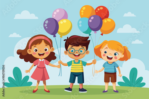 Three cheerful children smile while holding vibrant balloons in a playful outdoor setting, Customizable cartoon illustration of children with balloons.