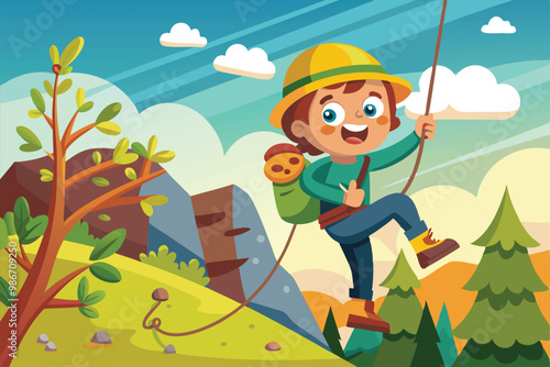 A cheerful child climbs a cliff using ropes, surrounded by vibrant trees and a stunning mountain backdrop, Customizable cartoon illustration of climbing