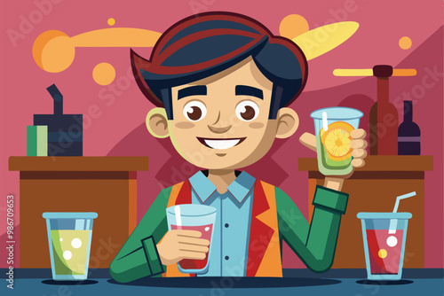A young character celebrates while holding a colorful shot and a refreshing drink at the bar, Customizable cartoon illustration of drinking shots.