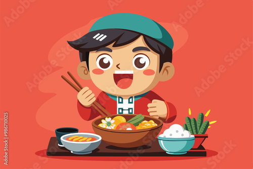 A cheerful boy uses chopsticks to enjoy a colorful bowl of Korean food with side dishes, Customizable cartoon illustration of eating Korean food.
