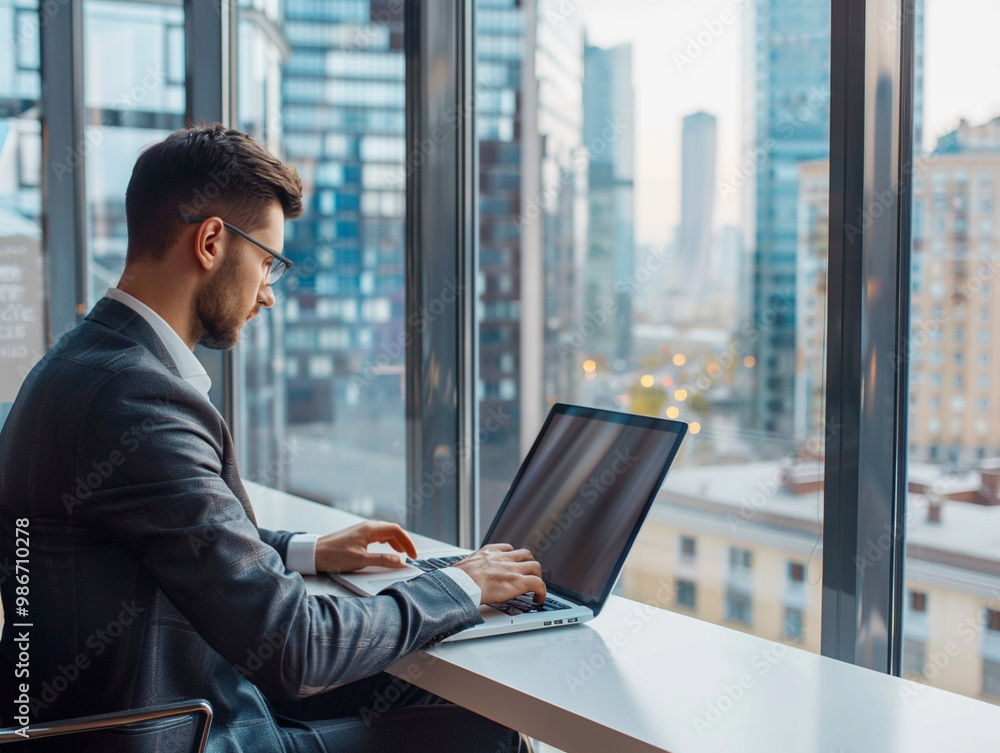 Focused businessman using laptop by window, enjoying cityscape view Focused businessman using laptop by window, enjoying cityscape view