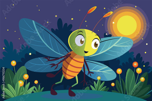 A cheerful firefly dances under the moonlight, glowing brightly amidst lush green plants, Customizable cartoon illustration of fireflies.