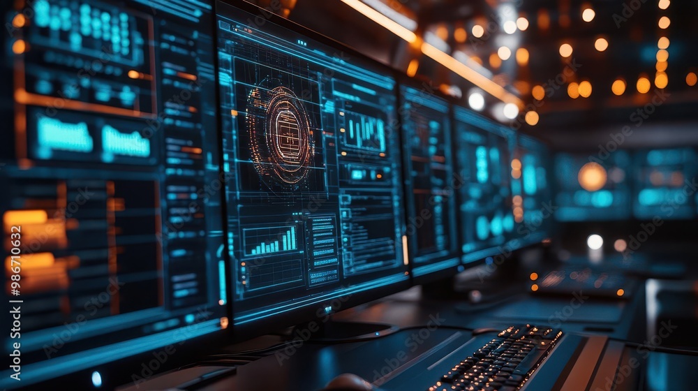 Cybersecurity protection setup with encrypted data on screens, protective atmosphere, sharp focus, high detail Cybersecurity protection setup with encrypted data on screens, protective atmosphere, sharp focus, high detail