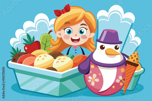 A young girl happily presents a colorful assortment of frozen food alongside a whimsical snowman figure, Customizable cartoon illustration of frozen food.