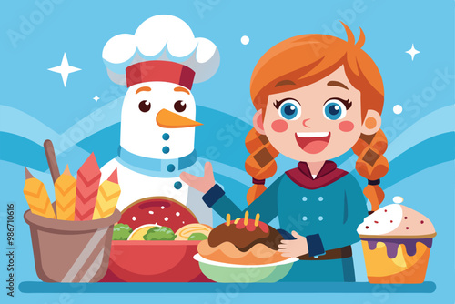 A girl happily showcases a variety of customizable frozen foods alongside a friendly snowman chef, Customizable cartoon illustration of frozen food.