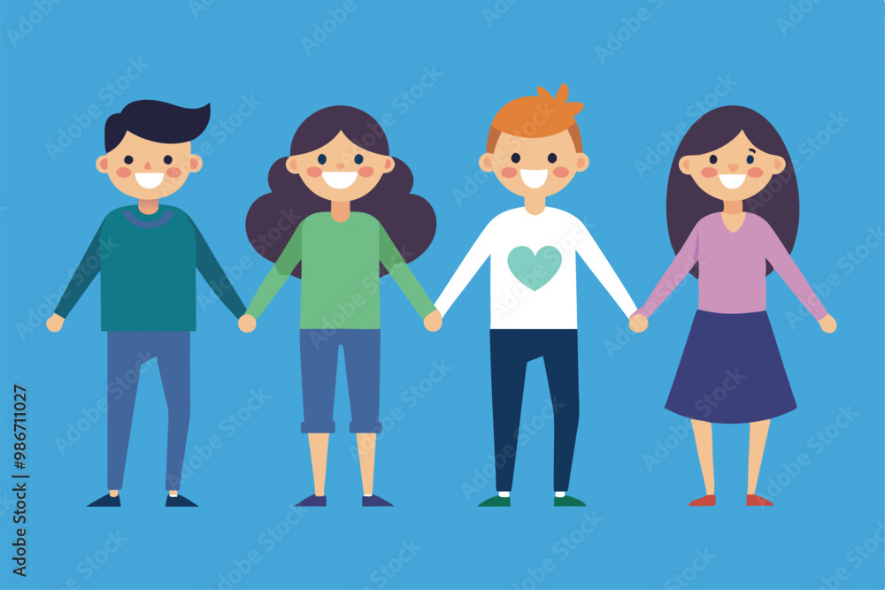 Four diverse friends joyfully hold hands, showcasing unity and friendship in a colorful cartoon style, Customizable cartoon illustration of holding hands. Four diverse friends joyfully hold hands, showcasing unity and friendship in a colorful cartoon style, Customizable cartoon illustration of holding hands.