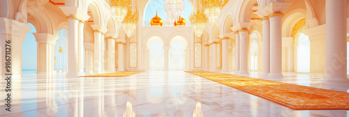 Opulent mosque pillars, white and gold, elegant Muslim background 