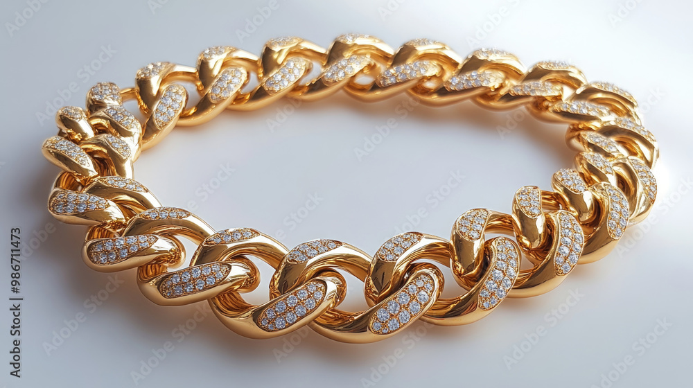 A gold chain with diamonds is shown in a close up. The chain is long and has a diamond clasp A gold chain with diamonds is shown in a close up. The chain is long and has a diamond clasp