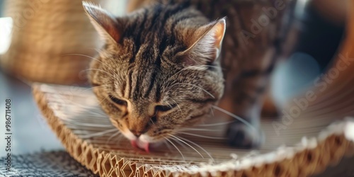 Elderly tabby cat enjoying the scent of catnip on a curved scratching surface to protect furniture, with a focus on a 17-year-old female feline. photo