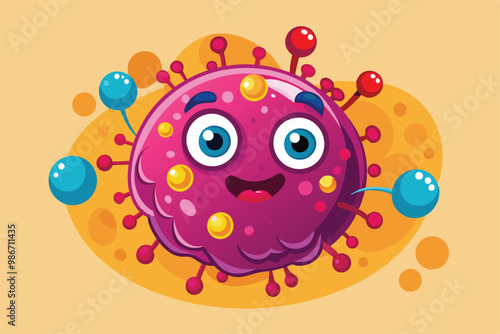 A playful cartoon representation of lymphoma cells featuring a bright character with expressive eyes, Customizable cartoon illustration of lymphoma