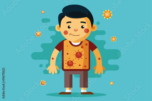 A cheerful cartoon character shows skin lesions associated with melanoma, promoting health education for children, Customizable cartoon illustration of melanoma