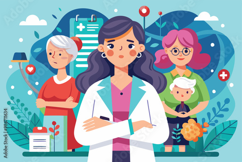 A vibrant cartoon illustration shows diverse women representing menopause, with a caring doctor in front, Customizable cartoon illustration of menopause.