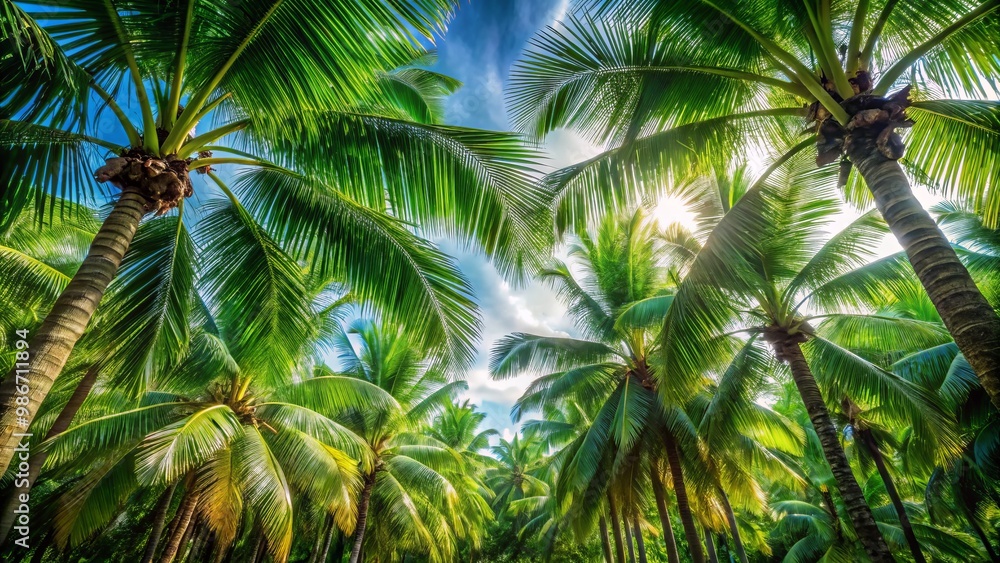 Fototapeta premium Softly swaying palm tree leaves form a lush canopy, filtering sunlight and casting dappled shadows on the serene