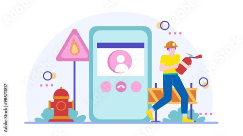 a firefighter with safety gear extinguisher and emergency signs concept of fire safety and emergency preparedness illustration animated video