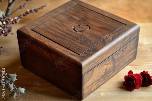 Wooden Box with Carved Heart on Top photo