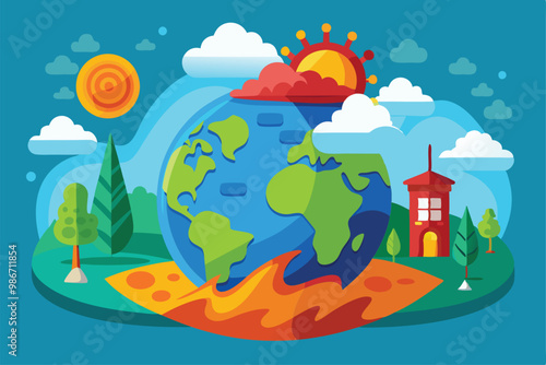 This vibrant illustration showcases Earth, the ozone layer, and a sunny landscape promoting eco-awareness, Customizable cartoon illustration of ozone layer depletion