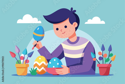 A young boy carefully paints decorative designs on bright Easter eggs near vibrant flower pots, Customizable cartoon illustration of painting Easter eggs.