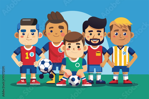 Five cartoon athletes with various abilities proudly pose together on a soccer field, showcasing teamwork, Customizable cartoon illustration of Paralympic boccia