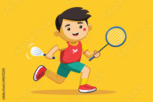 A young athlete enthusiastically plays badminton, showcasing energy and sporting spirit in a bright environment, Customizable cartoon illustration of Paralympic boccia