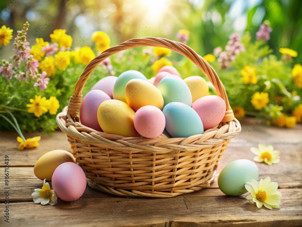 Soft pastel eggs nestled in a vibrant springtime basket, capturing the joyful essence of Easter Sunday's celebration. Soft pastel eggs nestled in a vibrant springtime basket, capturing the joyful essence of Easter Sunday's celebration.