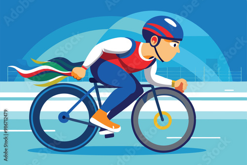 A dynamic illustration of a paralympic cyclist in action, showcasing speed and determination on the track, Customizable cartoon illustration of Paralympic cycling