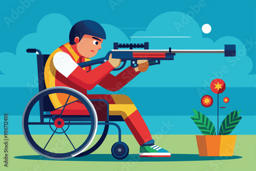 A wheelchair athlete aims a rifle, focused on a target in a bright outdoor setting, Customizable cartoon illustration of Paralympic shooting.