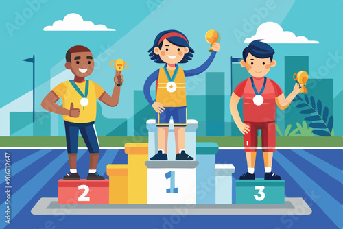 Three athletes stand proudly on a podium, holding their medals at a paralympic sports event, Customizable cartoon illustration of Paralympic boccia