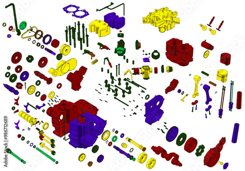 Multicolored disassembled engine on white background. Lots of details.