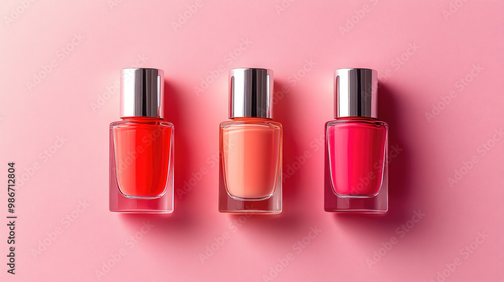 Three bottles of nail polish are lined up on a pink background. The bottles are all different colors, and they are arranged in a row Three bottles of nail polish are lined up on a pink background. The bottles are all different colors, and they are arranged in a row