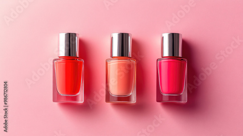 Three bottles of nail polish are lined up on a pink background. The bottles are all different colors, and they are arranged in a row