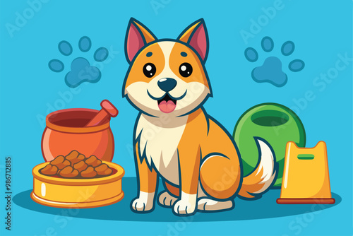 A cheerful cartoon dog sits next to colorful bowls and pet toys, ready for its meal time fun, Customizable cartoon illustration of pet food.