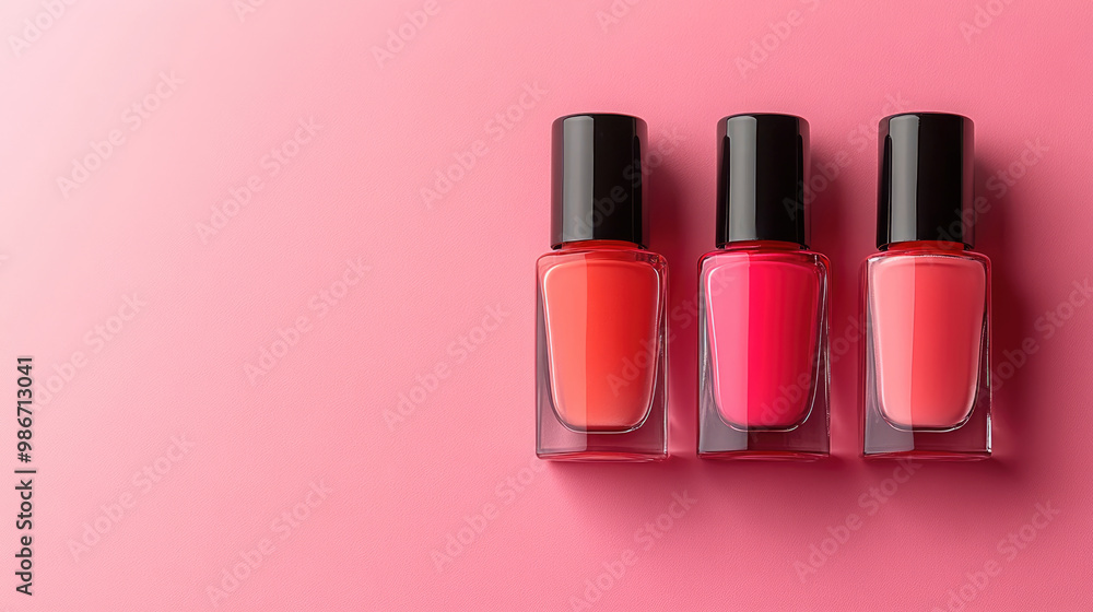 Three bottles of nail polish are displayed on a pink background. The bottles are of different colors, and they are arranged in a row. Concept of beauty and elegance Three bottles of nail polish are displayed on a pink background. The bottles are of different colors, and they are arranged in a row. Concept of beauty and elegance