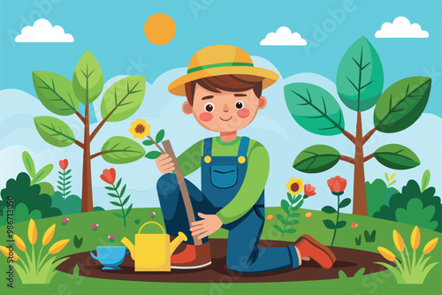 A young boy kneels in a colorful garden, planting a tree while surrounded by flowers and trees, Customizable cartoon illustration of planting trees.